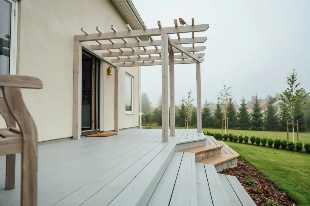 altanbygge med pergola och trappa till tr dg rd i m rsta